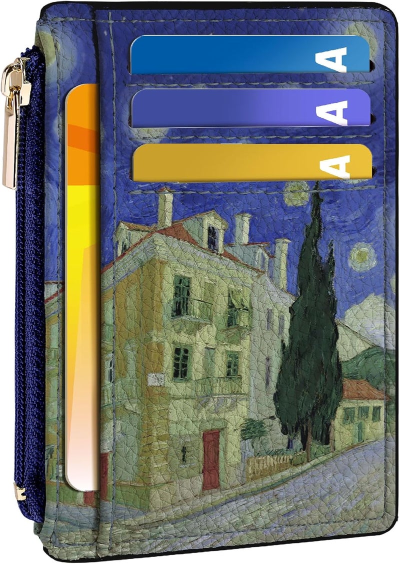 Tipmile Credit Card Holder for Women Slim Minimalist Front Pocket RFID Blocking Wallet Small Compact Card Case with ID Window, Oil Painting - Image 1